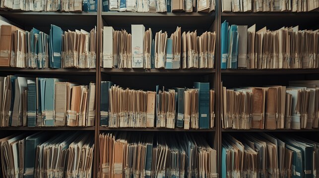 Wall full of old archive medical records on the shelves.