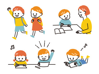 colorful illustration of kids studying and going to school