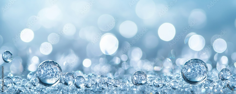 Poster close-up of water droplets on a blue background with soft bokeh lights, creating a serene atmosphere