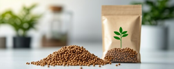 Close-up of seed packet with seeds spilling out on a clean surface with blurred background plants.