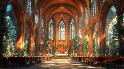 Fototapeta premium A grand cathedral interior with stained glass windows, wooden pews, and sunbeams streaming through the arched windows.