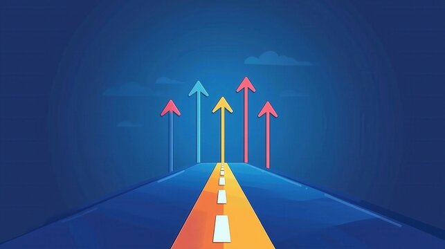 Colorful arrows indicating growth on a digital road with a blue background.