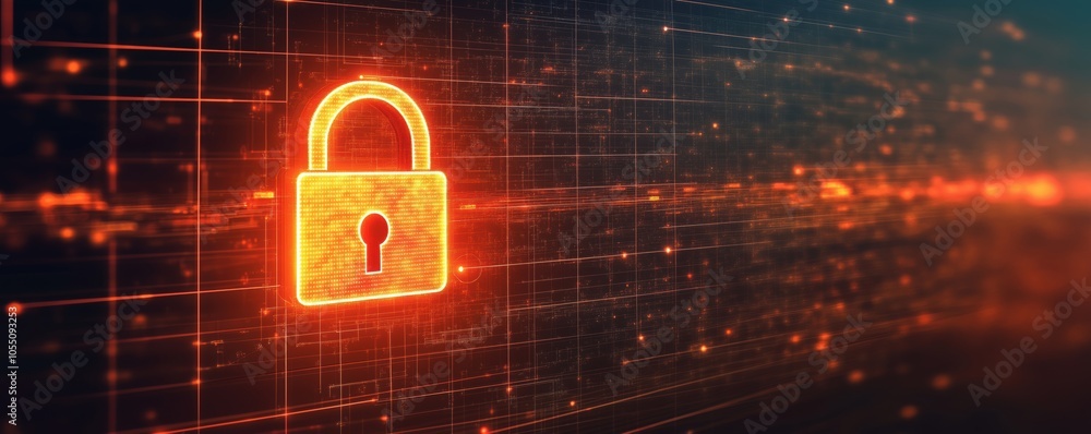 Poster digital padlock symbolizing data security on a network interface, glowing in orange hues.