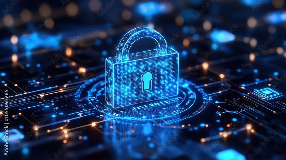 Poster digital padlock symbolizing cybersecurity and data protection on a futuristic tech background.