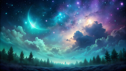 Naklejka premium Deep Purple to Teal Gradient with Night-Sky Effect. Perfect for: Night-themed festivals, Fantasy events, Tech backgrounds