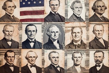 small pictures of old people, on one of them the flag of USA .president's day.