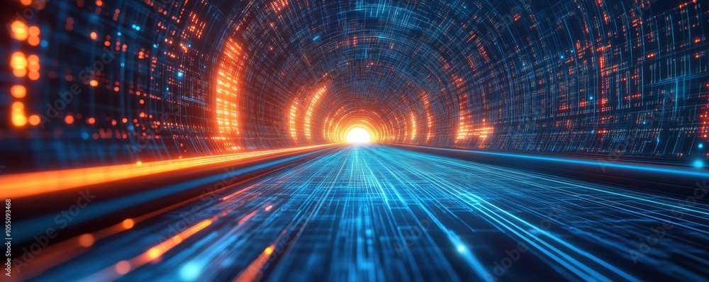 Poster dynamic perspective of a digital tunnel with glowing lights and data streams, futuristic technology 