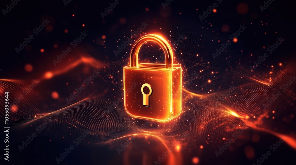 Poster glowing digital lock symbolizing cybersecurity and data protection, dark background with abstract li