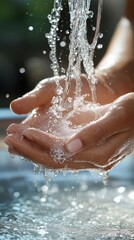 Fototapeta premium Hands gently cupping flowing water, showcasing themes of purity and nature.