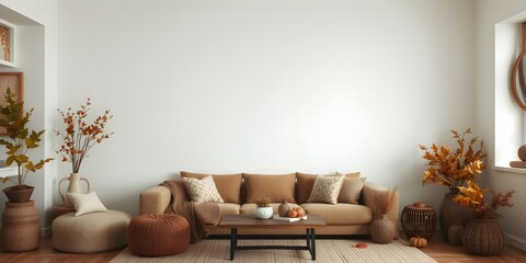 Large Wall Mockup in Cozy Living Room with Autumn Decor