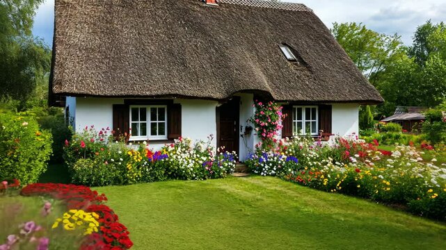 A quaint white cottage with a thatched roof and a lush flower garden sits on a green lawn
