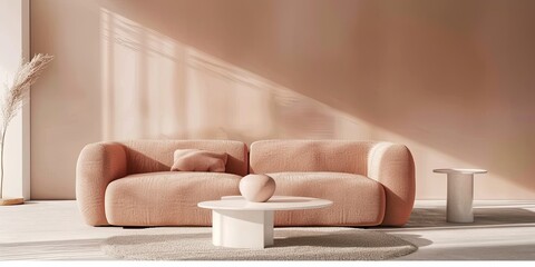 Modern living room with a pink couch, white coffee table and side table, and natural light streaming in.