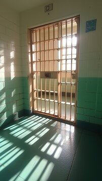 Prison cell door with shadows, interior view showcasing confinement.