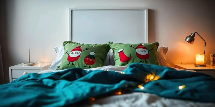 A cozy bedroom with a bed covered in a teal blanket and festive holiday pillows featuring Santa Claus designs, against a white frame on wall - Powered by Adobe
