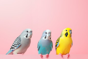 Three parakeets sitting on the edge of a pink background. The birds have different colors: blue, grey, and yellow.