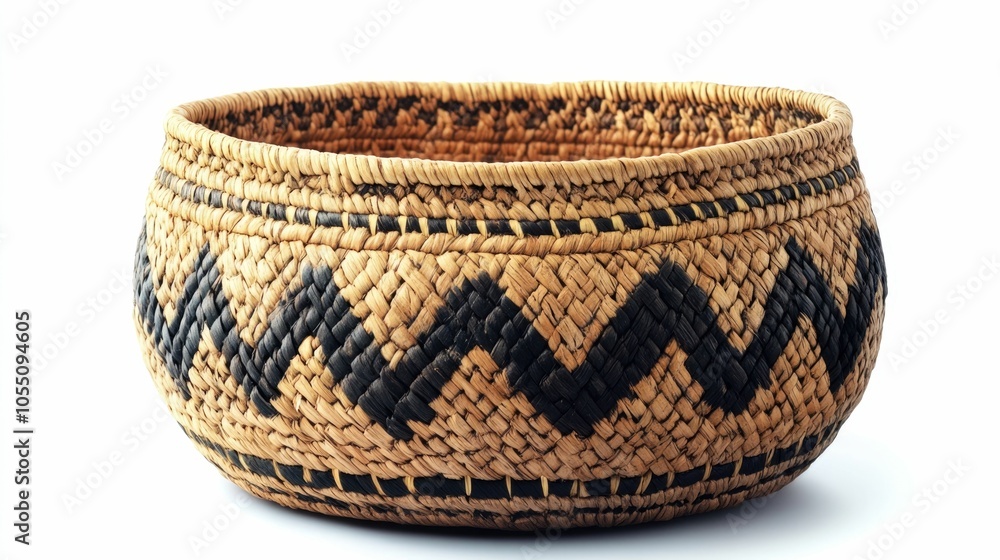 Poster closeup of a beautifully handwoven basket with a geometric patterned design serving as a stylish and