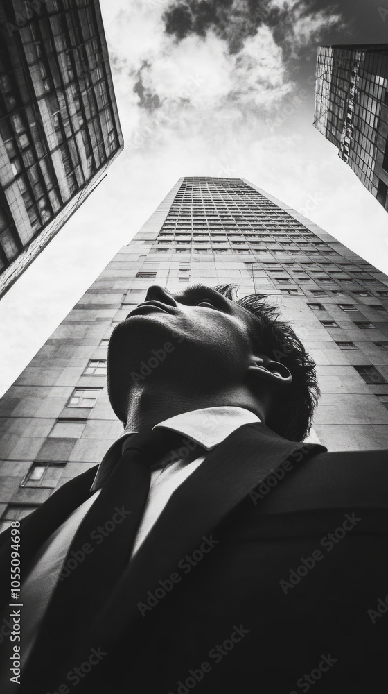 Aufkleber a man in a suit is standing in front of a tall building