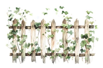 Obraz premium A fence made of wooden boards on a background of green grass and pink flowers. Wooden fence painted in watercolor. Wooden fence isolated on a white background. 