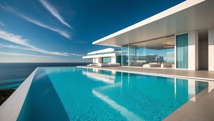 Fototapeta premium Modern luxury villa overlooking the ocean with an infinity pool during a clear blue sky day