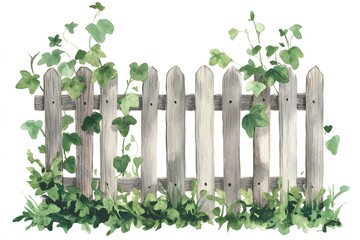 A fence made of wooden boards on a background of green grass and pink flowers. Wooden fence painted in watercolor. Wooden fence isolated on a white background.
