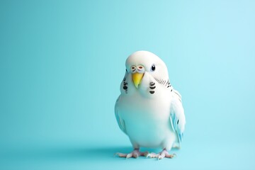 A cute white parakeet on a pastel blue background, in a minimalist style.