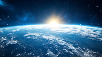 Fototapeta premium View of the Earth from space, sun rising on its horizon, blue tones, wide shot.