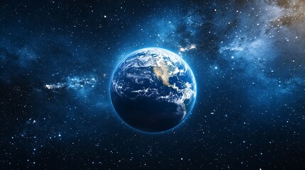 Obraz premium Background image of the Earth in space, with blue tones, blue colors and stars around it, cinematic still.