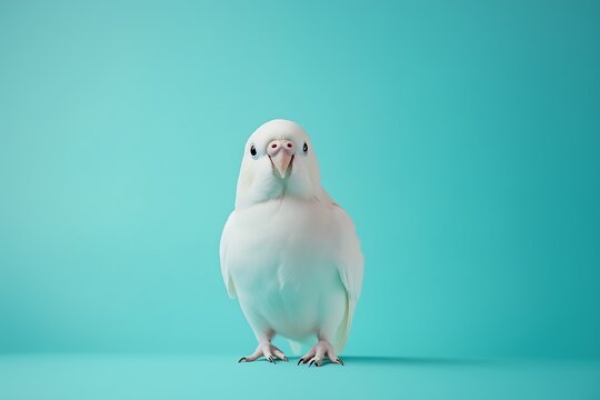 A cute white parakeet on a pastel blue background, in a minimalist style.