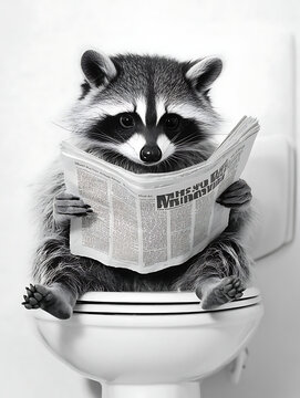 a raccon on the toilet reading newspaper