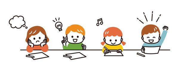 colorful illustration of kids studying at the desk