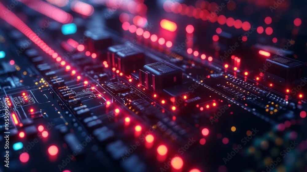 Poster close-up of a circuit board with glowing lights and components.