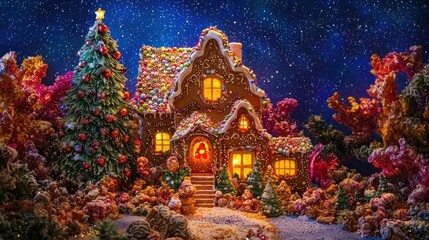 Whimsical Gingerbread House Under a Starry Sky