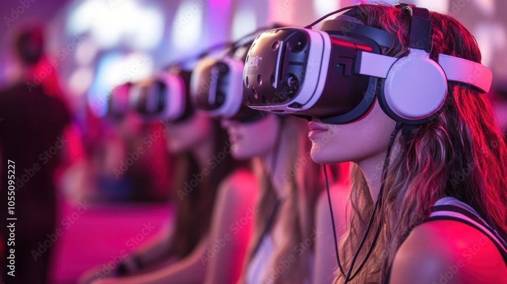 Poster group of individuals using virtual reality headsets in a colorful environment.