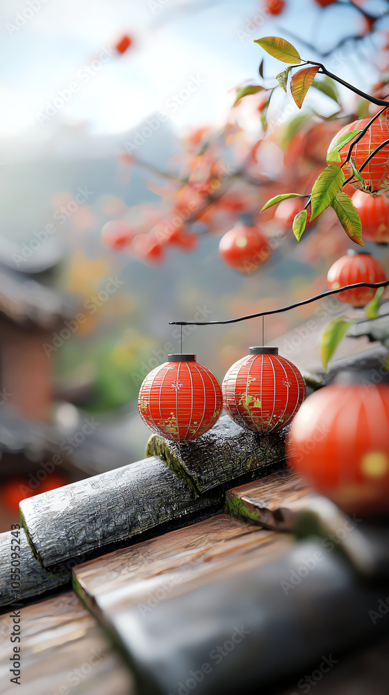 Poster a serene view of a temple roof adorned with vibrant red lanterns and intricate tile work in a tranqu