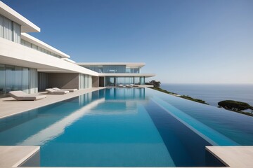 Modern luxury villa with infinity pool overlooking the ocean on a clear sunny day