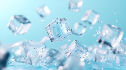 Floating ice cubes on a light blue background, close-up, fresh, minimalistic banner design.