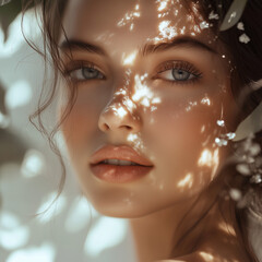 Portrait of a woman with natural makeup, light and shadows on her face among leaves