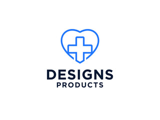 Healthcare Medical Logo. Blue Linear Heart Symbol with Stethoscope and Cross Plus Sign inside isolated on White Background.