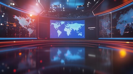 High-tech news studio interior with digital world map on screens. Broadcast studio concept for banner, wallpaper, and design.