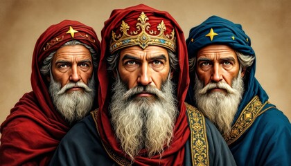 Obraz premium Three kings day: regal portrait of the magi in ornate attire for holiday card design