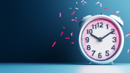 Digital clock showing the final moments of the fiscal year countdown, with floating numbers and digital confetti, futuristic, neon colors
