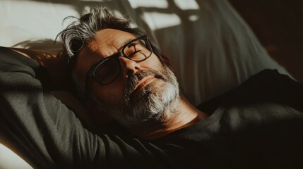 Handsome man with graying hair and glasses, reclining on a bed in a minimalist setting, warm natural light casting gentle shadows on his face