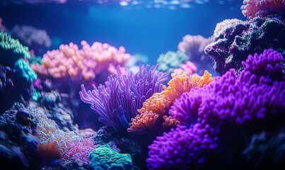 Naklejka premium Vibrant coral reef with a variety of colorful corals in a blue ocean.