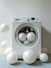 White balloons spilling out of a washing machine against a white wall.