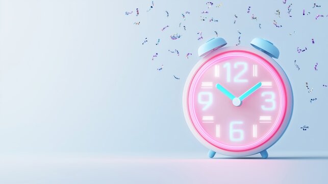 Digital clock showing the final moments of the fiscal year countdown, with floating numbers and digital confetti, futuristic, neon colors