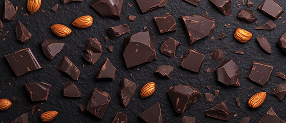 Delicious dark chocolate pieces with almonds scattered on a dark surface, perfect for desserts or as a sweet snack.