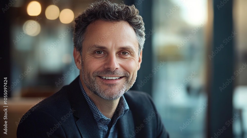 Poster portrait of a smiling man in a modern setting