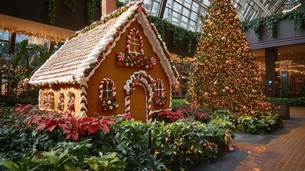 Fototapeta premium Bright Gingerbread House with Lush Christmas Tree
