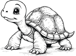 Cute Turtle Black And White Outline For Coloring Book Page
