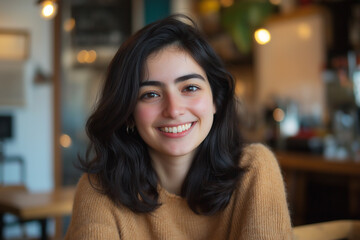 Fototapeta premium A cheerful young woman smiling brightly at a cozy café, bringing warmth and friendliness to the frame. The setting emphasizes casual, relaxed vibes.
